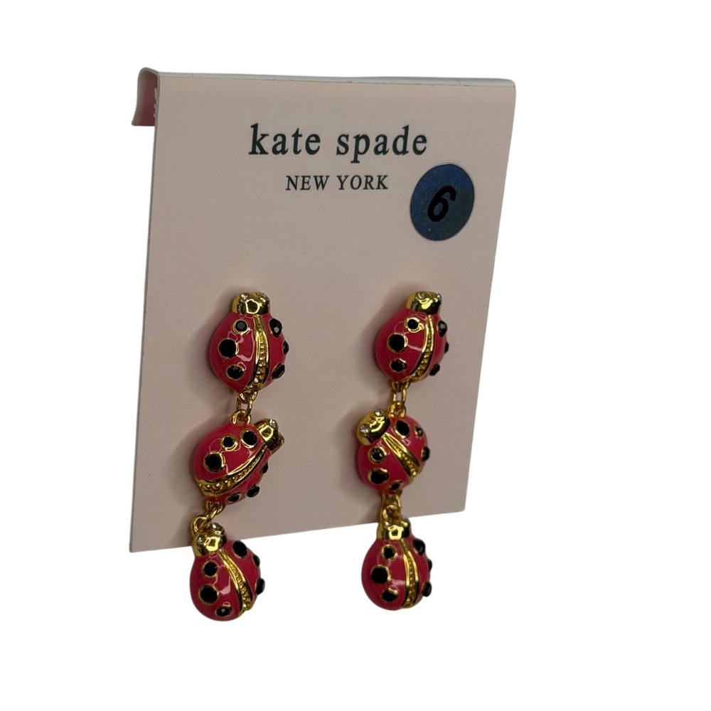Kate‎ Spade Pink Enamel Ladybug Linear Drop Earrings Gold Tone NWT Cute Girly - Picture 2 of 5